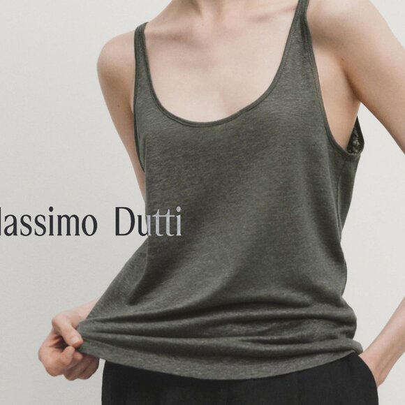 MASSIMO DUTTI OLIVE GREEN 100% LINEN STRAPPY TANK TOP - Picture 2 of 5